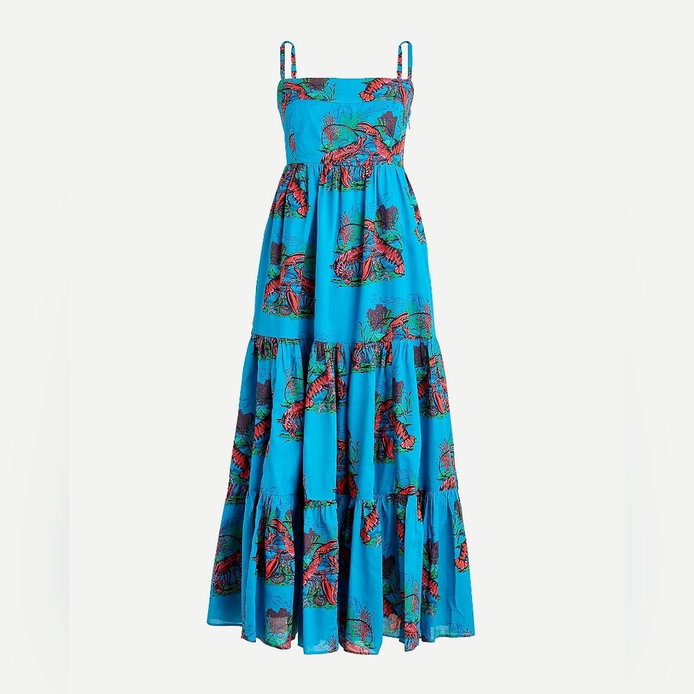 NWT J.Crew Tiered Maxi in Ultramarine Red Lobster Print Cotton Sun Dress 6